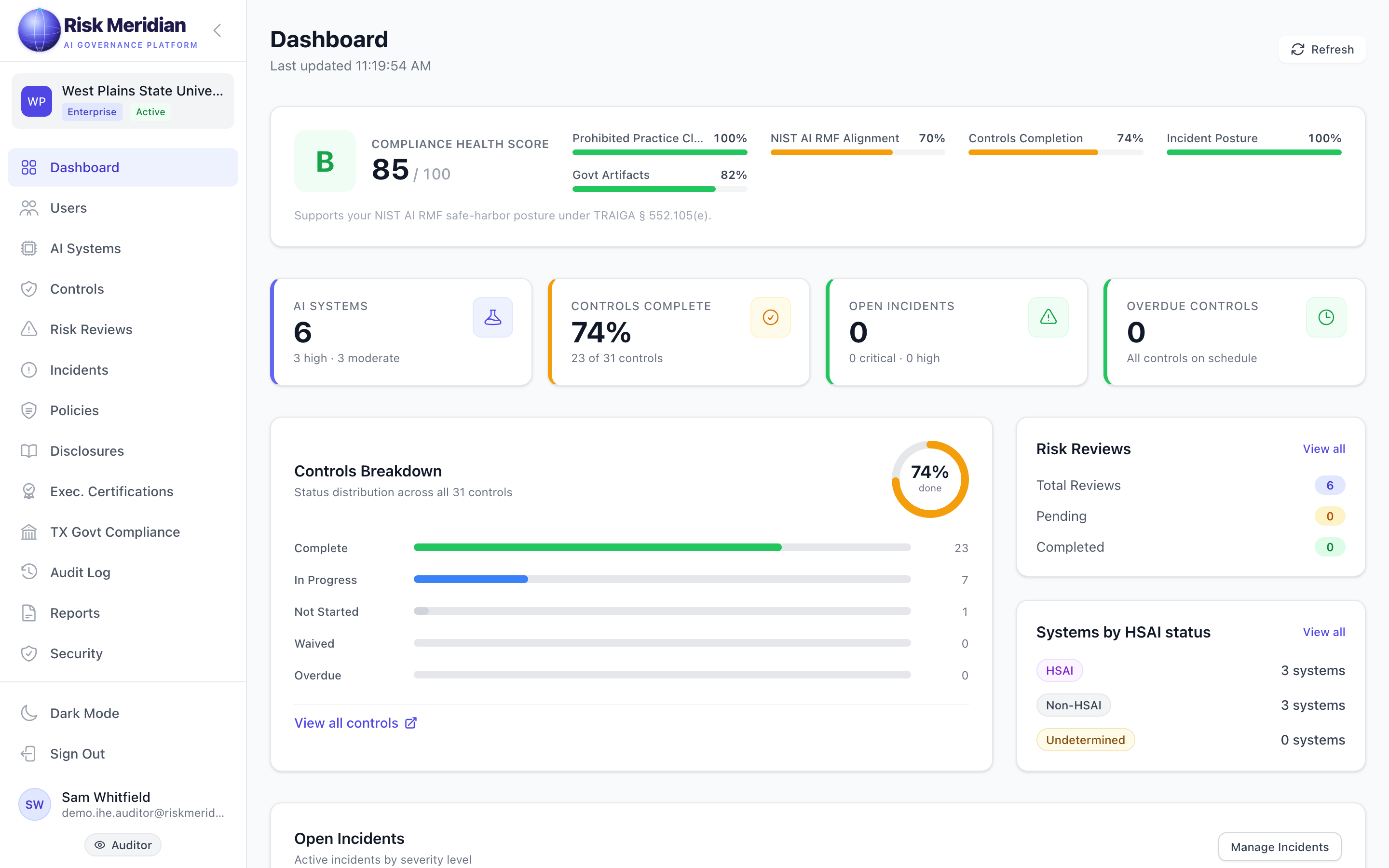 Risk Meridian compliance dashboard for a university organization, showing a health score with a governmental-artifacts sub-score alongside prohibited-practice clearance, NIST AI RMF alignment, controls completion, and incident posture